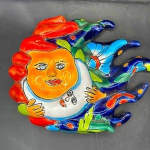 Talavera Sun&Moon Face Mexican Pottery Sculpture Wall Hanging Folk Art